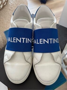 Mario Valentino White Leather Kids Slip-On Sneakers with Blue Logo Strap